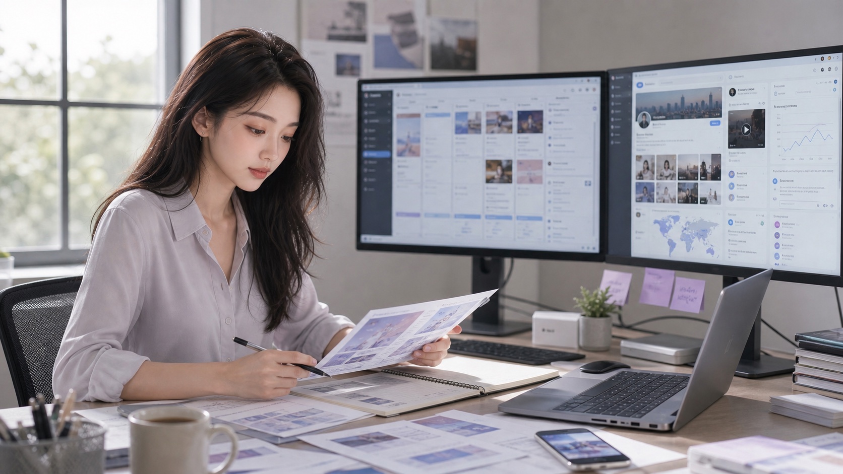 整理海外客户与社媒公开资料的工作场景示意